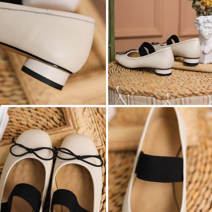 Handmade Leather Mary Jane Flats Elastic Band with Bow in Red/Black/Beige/Apricot