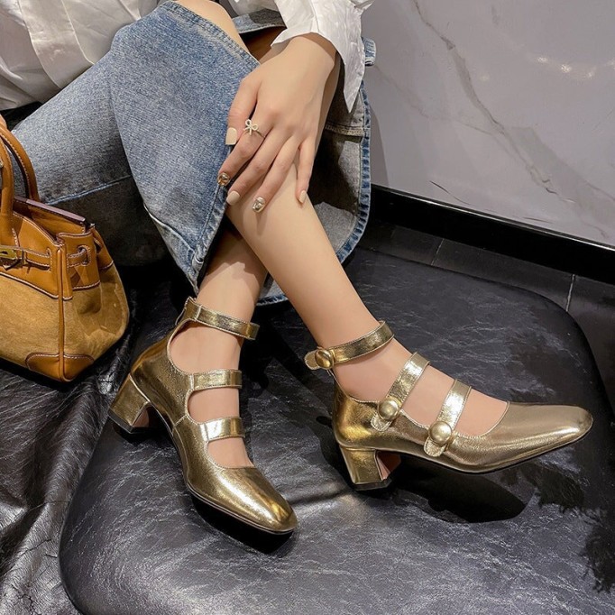 Retro Leather 50mm Triple-strap Mary Jane Pumps Block Heel Square Toe in Golden/Silver