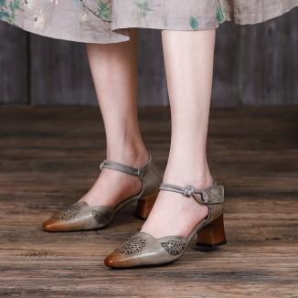 Handmade Leather Pumps Mid Heel Mary Jane Sandals Womens Pointed Toe Retro Sandals Grey/Coffee