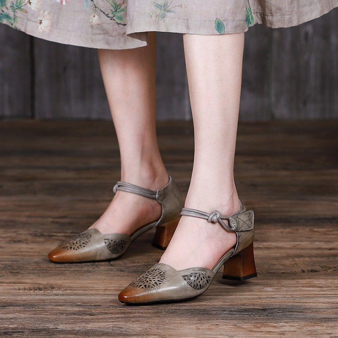 Handmade Leather Pumps Mid Heel Mary Jane Sandals Womens Pointed Toe Retro Sandals Grey/Coffee