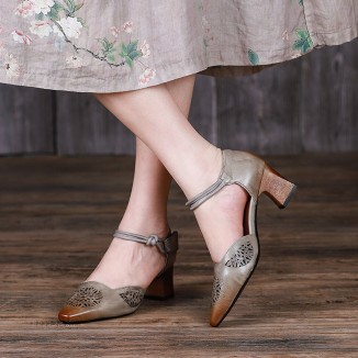 Handmade Leather Pumps Mid Heel Mary Jane Sandals Womens Pointed Toe Retro Sandals Grey/Coffee