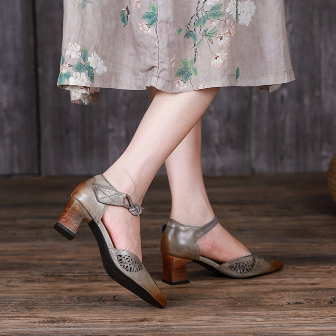 Handmade Leather Pumps Mid Heel Mary Jane Sandals Womens Pointed Toe Retro Sandals Grey/Coffee