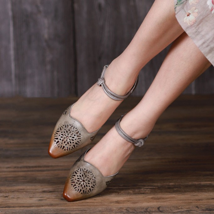 Handmade Leather Pumps Mid Heel Mary Jane Sandals Womens Pointed Toe Retro Sandals Grey/Coffee