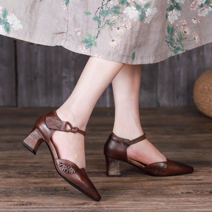 Handmade Leather Pumps Mid Heel Mary Jane Sandals Womens Pointed Toe Retro Sandals Grey/Coffee