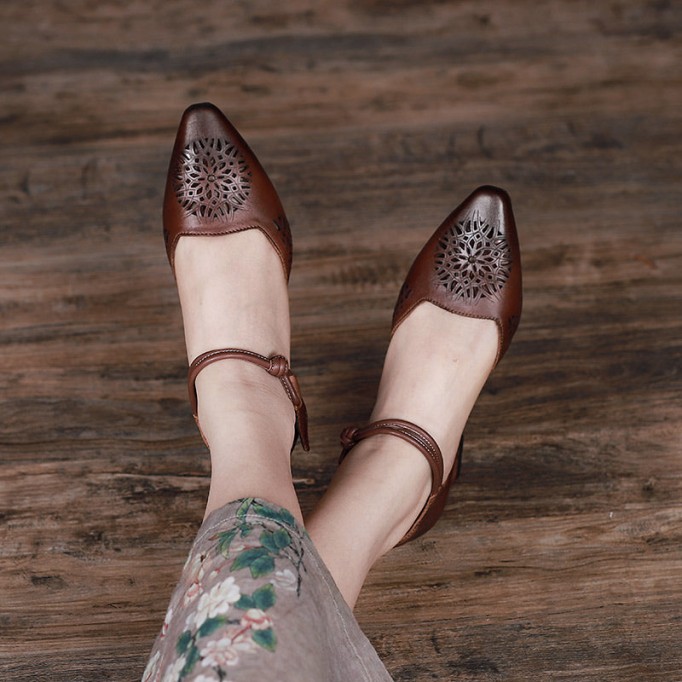 Handmade Leather Pumps Mid Heel Mary Jane Sandals Womens Pointed Toe Retro Sandals Grey/Coffee