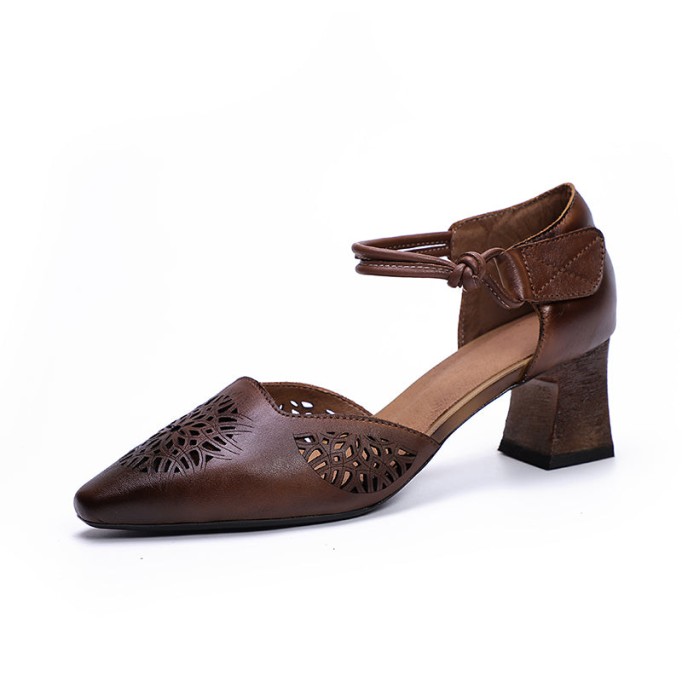 Handmade Leather Pumps Mid Heel Mary Jane Sandals Womens Pointed Toe Retro Sandals Grey/Coffee