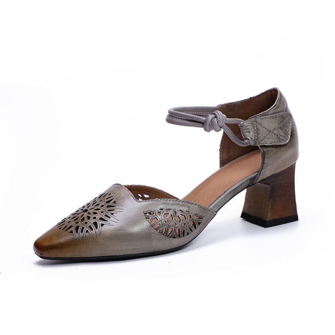 Handmade Leather Pumps Mid Heel Mary Jane Sandals Womens Pointed Toe Retro Sandals Grey/Coffee