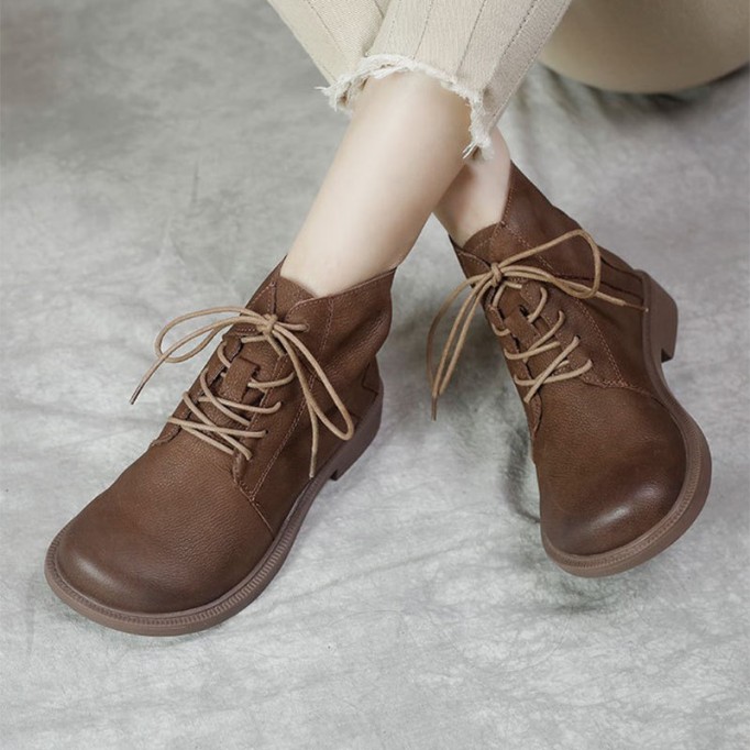 Wide Toes Handmade Genuine Leather Martin Boots Lace-Up Combat Boots Retro Chunky Ankle Boots