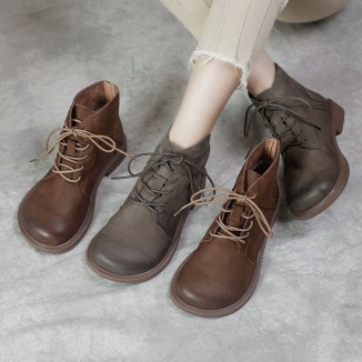 Wide Toes Handmade Genuine Leather Martin Boots Lace-Up Combat Boots Retro Chunky Ankle Boots
