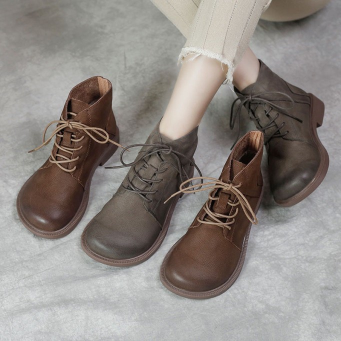 Wide Toes Handmade Genuine Leather Martin Boots Lace-Up Combat Boots Retro Chunky Ankle Boots