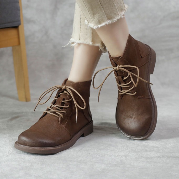 Wide Toes Handmade Genuine Leather Martin Boots Lace-Up Combat Boots Retro Chunky Ankle Boots