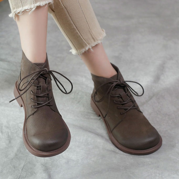 Wide Toes Handmade Genuine Leather Martin Boots Lace-Up Combat Boots Retro Chunky Ankle Boots