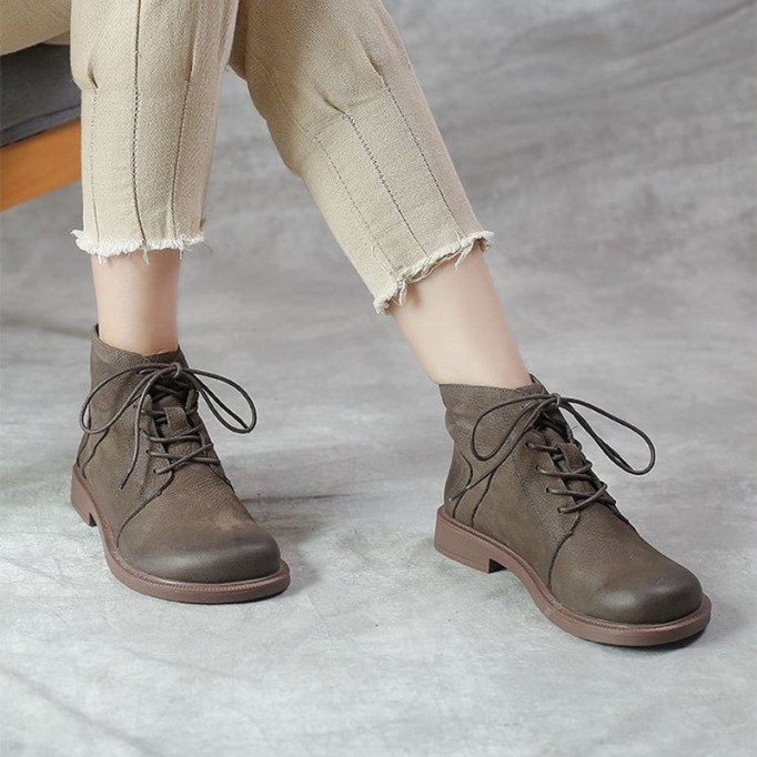 Wide Toes Handmade Genuine Leather Martin Boots Lace-Up Combat Boots Retro Chunky Ankle Boots