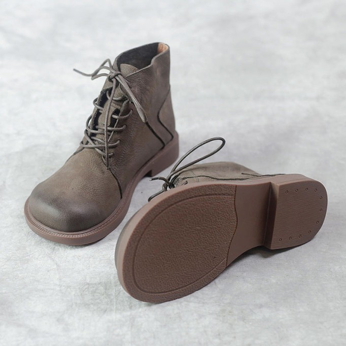 Wide Toes Handmade Genuine Leather Martin Boots Lace-Up Combat Boots Retro Chunky Ankle Boots