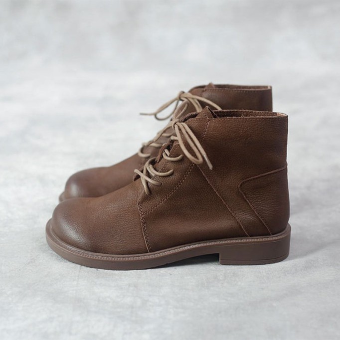 Wide Toes Handmade Genuine Leather Martin Boots Lace-Up Combat Boots Retro Chunky Ankle Boots