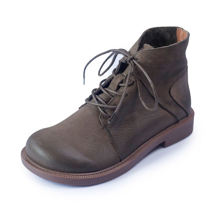 Wide Toes Handmade Genuine Leather Martin Boots Lace-Up Combat Boots Retro Chunky Ankle Boots