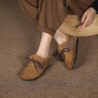 Handmade Soft Leather Color Blocking Lace Up Flats Oxford Coffee/Khaki