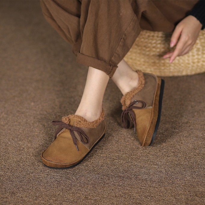 Handmade Soft Leather Color Blocking Lace Up Flats Oxford Coffee/Khaki