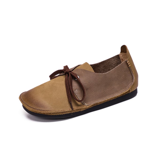 Handmade Soft Leather Color Blocking Lace Up Flats Oxford Coffee/Khaki