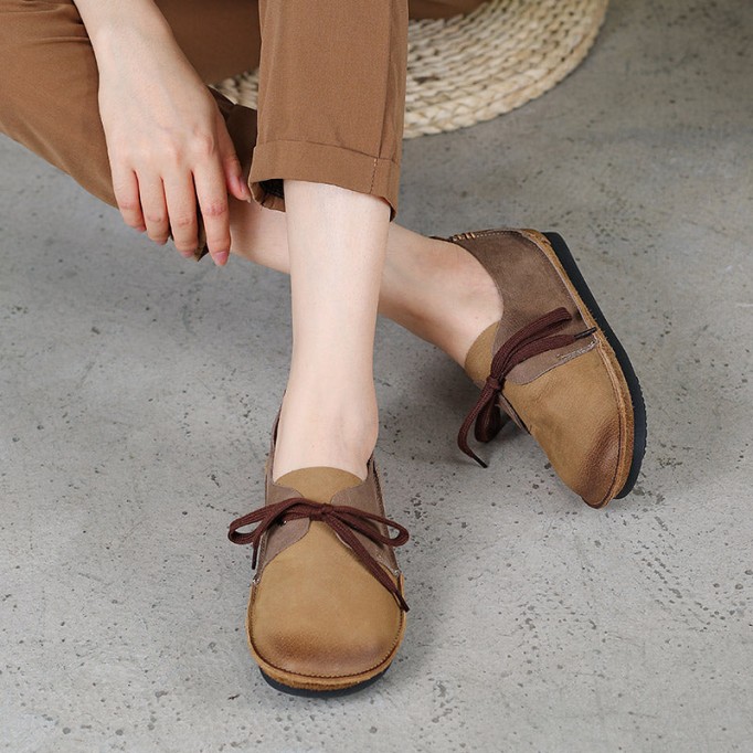 Handmade Soft Leather Color Blocking Lace Up Flats Oxford Coffee/Khaki
