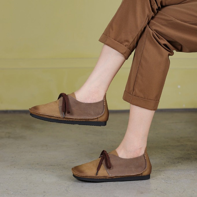 Handmade Soft Leather Color Blocking Lace Up Flats Oxford Coffee/Khaki