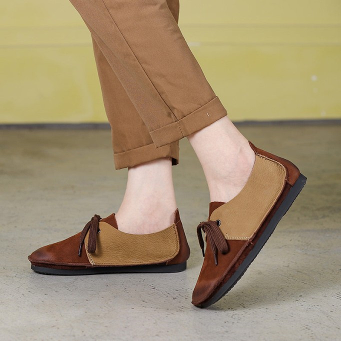 Handmade Soft Leather Color Blocking Lace Up Flats Oxford Coffee/Khaki