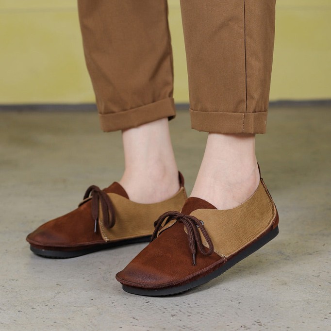 Handmade Soft Leather Color Blocking Lace Up Flats Oxford Coffee/Khaki