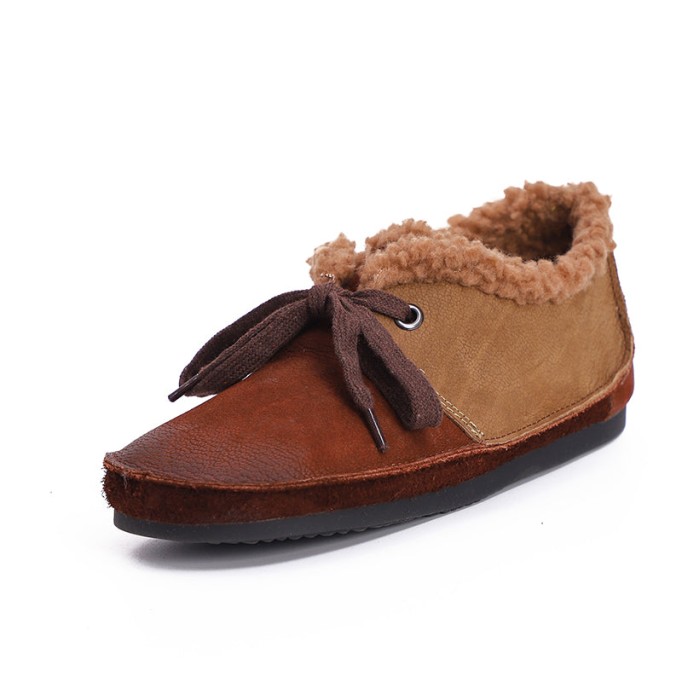 Handmade Soft Leather Color Blocking Lace Up Flats Oxford Coffee/Khaki