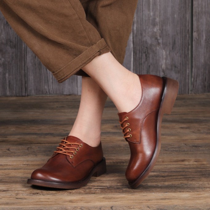 Women Handmade Genuine Leather Oxford Shoes Brown/Coffee/Black