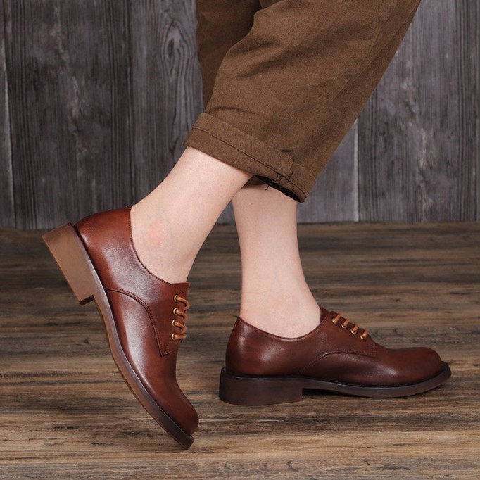 Women Handmade Genuine Leather Oxford Shoes Brown/Coffee/Black