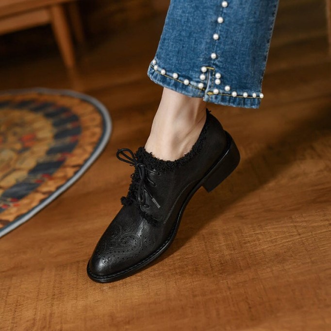 Women Wingtip Shoes Handmade Leather Brogues Oxfords & Tie Low Heel Elegant Brown/Black