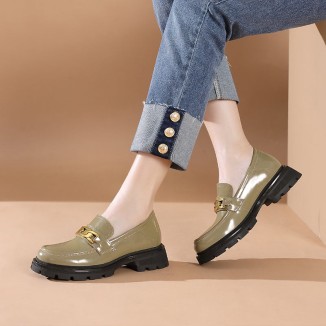 Chain-Link Detail Handmade Leather Platform Loafers For Women In Black/Brown/Khaki