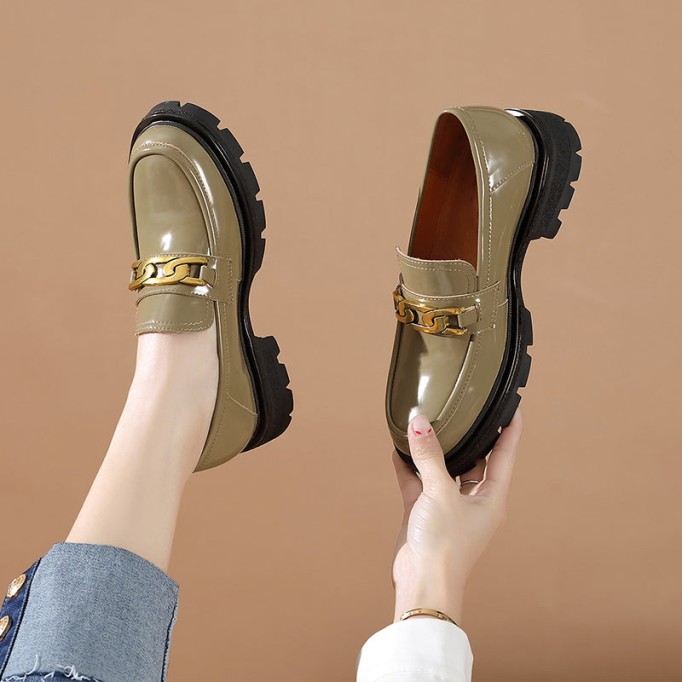 Chain-Link Detail Handmade Leather Platform Loafers For Women In Black/Brown/Khaki