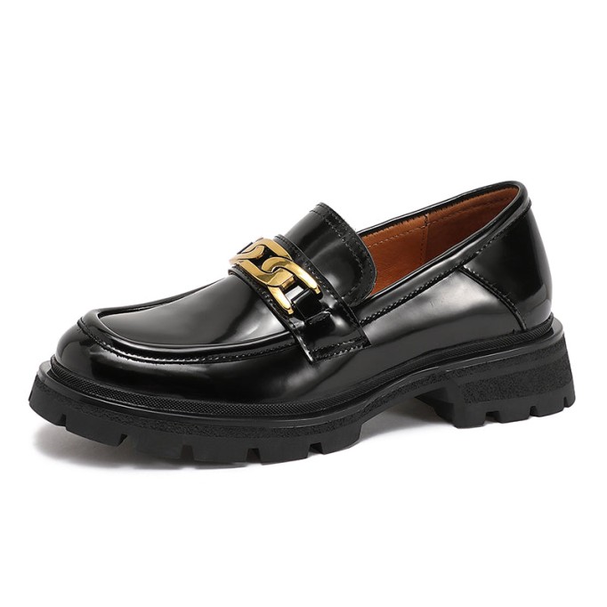 Chain-Link Detail Handmade Leather Platform Loafers For Women In Black/Brown/Khaki