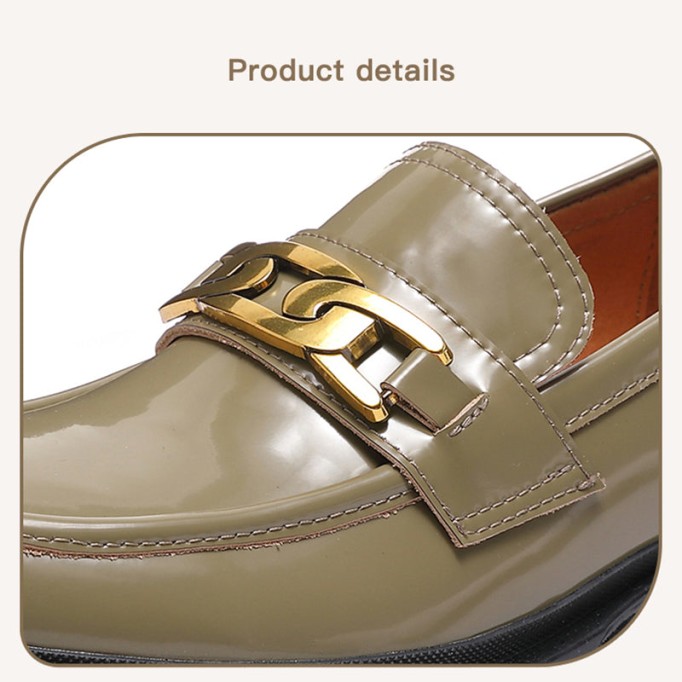 Chain-Link Detail Handmade Leather Platform Loafers For Women In Black/Brown/Khaki