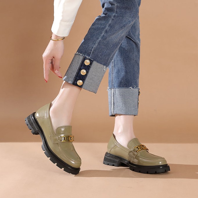 Chain-Link Detail Handmade Leather Platform Loafers For Women In Black/Brown/Khaki