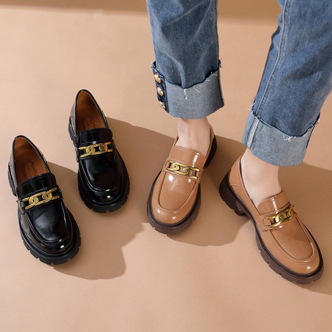 Chain-Link Detail Handmade Leather Platform Loafers For Women In Black/Brown/Khaki