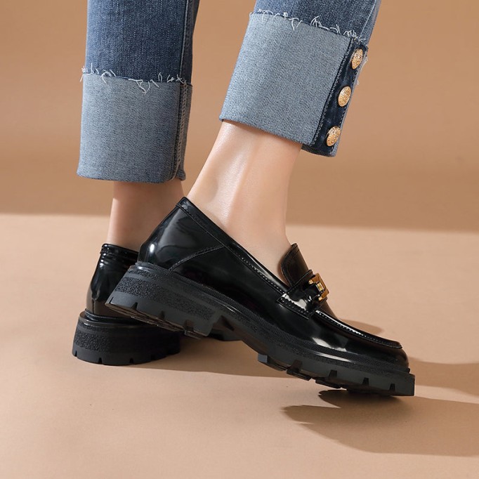 Chain-Link Detail Handmade Leather Platform Loafers For Women In Black/Brown/Khaki