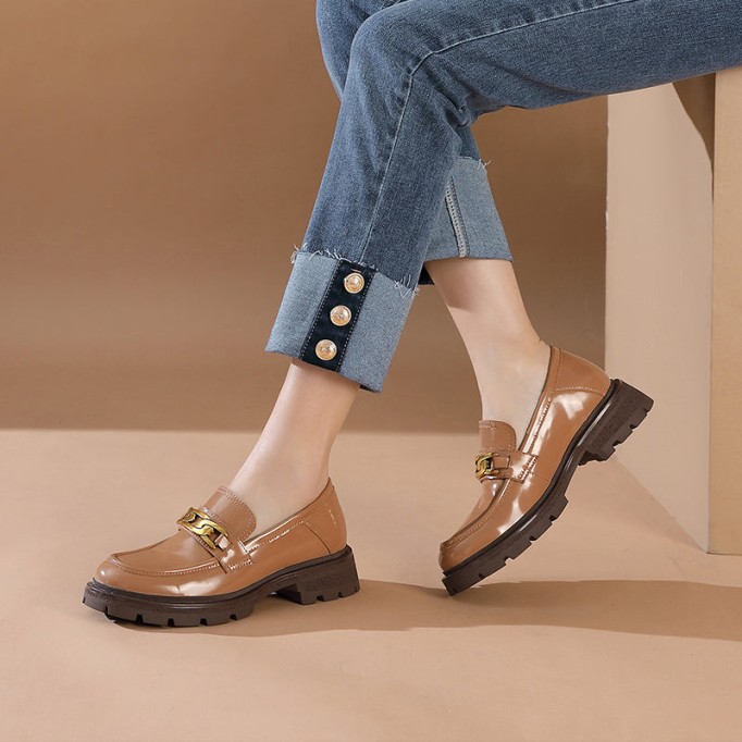 Chain-Link Detail Handmade Leather Platform Loafers For Women In Black/Brown/Khaki