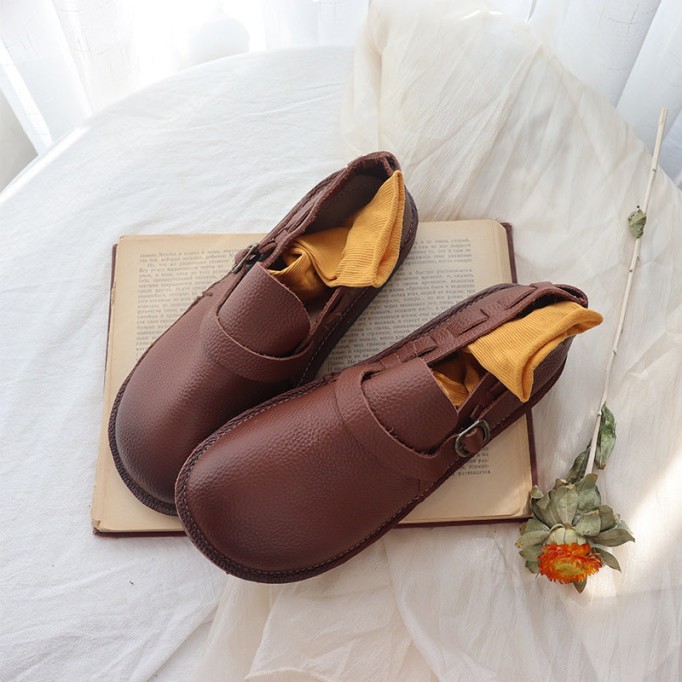 Middle English-Womens Handmade Full Grain Leather Soft Loafer Flats Wide Fit - Brown/Coffee