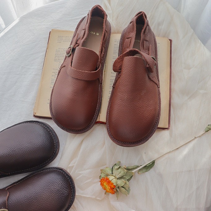 Middle English-Womens Handmade Full Grain Leather Soft Loafer Flats Wide Fit - Brown/Coffee