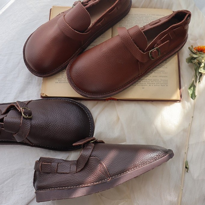 Middle English-Womens Handmade Full Grain Leather Soft Loafer Flats Wide Fit - Brown/Coffee