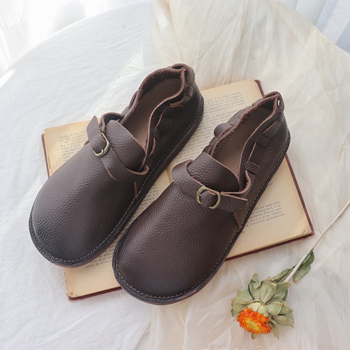 Middle English-Womens Handmade Full Grain Leather Soft Loafer Flats Wide Fit - Brown/Coffee