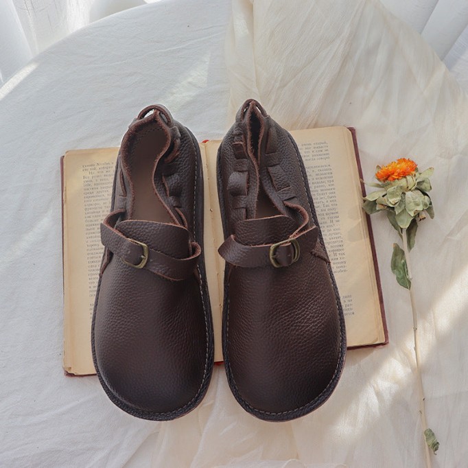 Middle English-Womens Handmade Full Grain Leather Soft Loafer Flats Wide Fit - Brown/Coffee