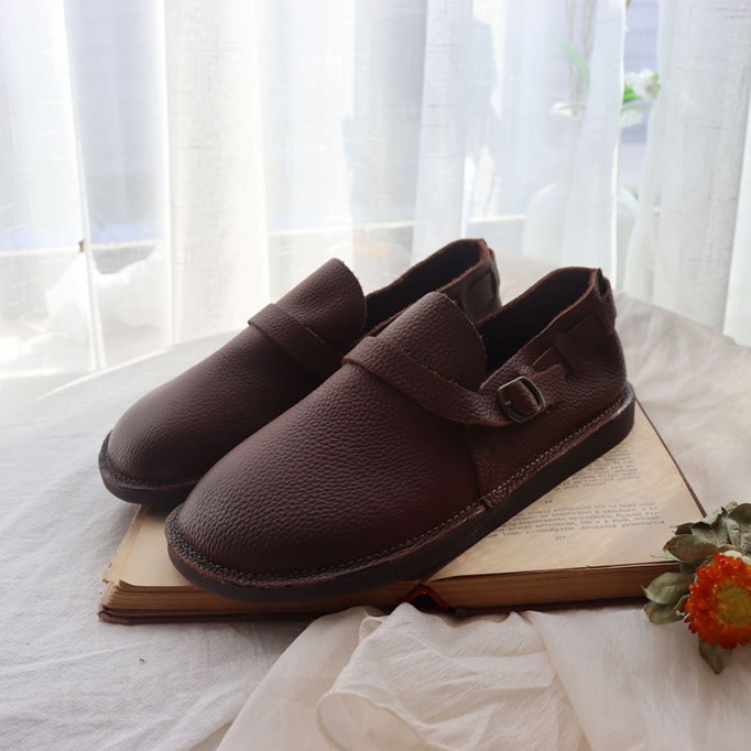 Middle English-Womens Handmade Full Grain Leather Soft Loafer Flats Wide Fit - Brown/Coffee