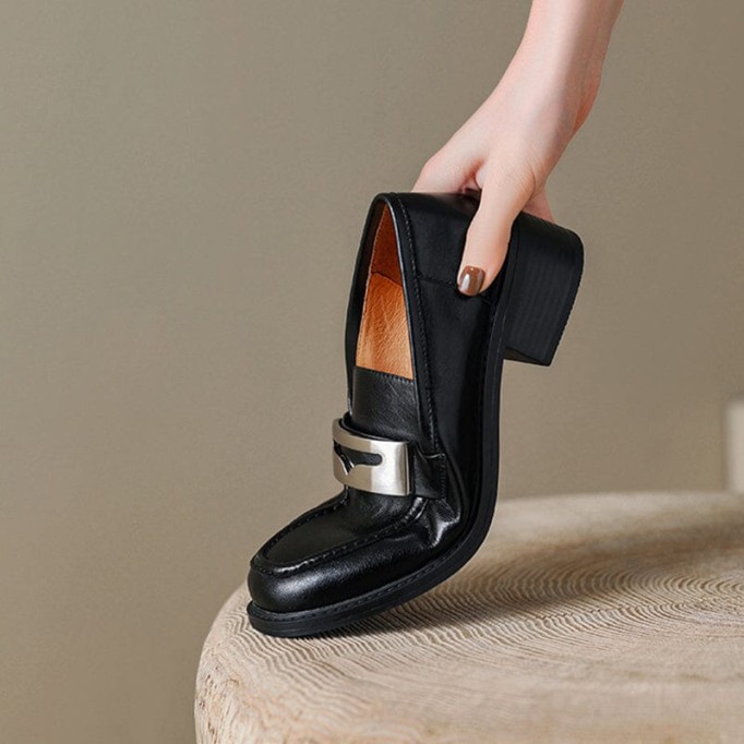 Retro Leather Block Heel Loafers for Women Square Toe in Brown/Black