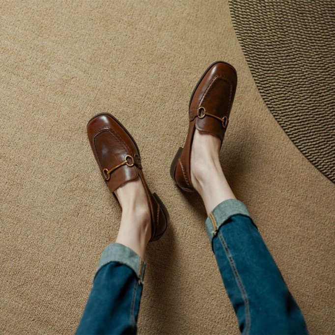 Block Heel Leather Loafers for Women with Metal Buckle in Coffee/Black