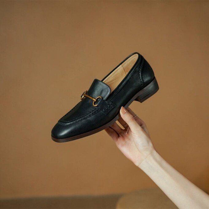 Block Heel Leather Loafers for Women with Metal Buckle in Coffee/Black