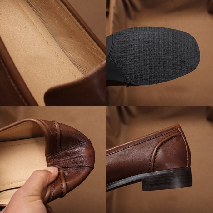 Block Heel Leather Loafers for Women with Metal Buckle in Coffee/Black