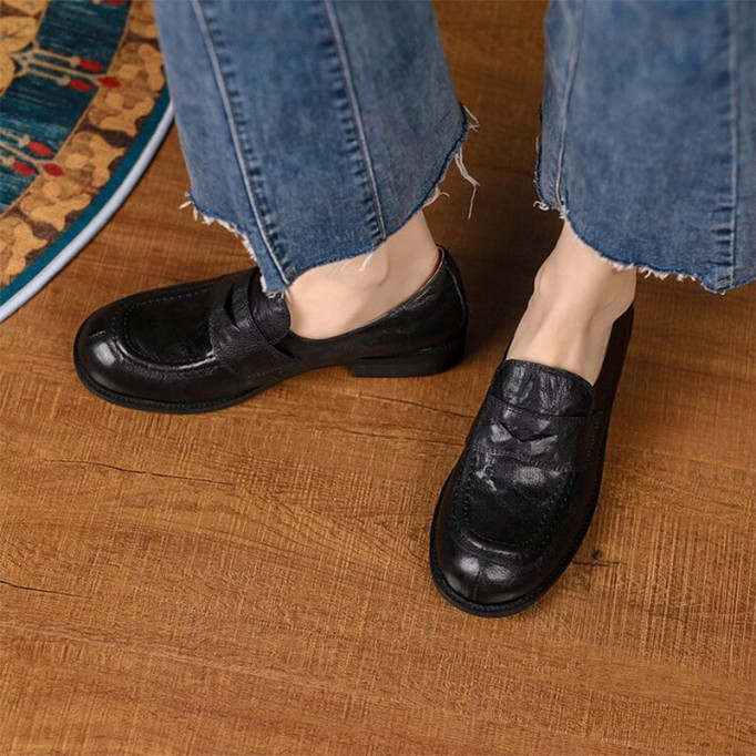 Round Toe Soft Leather Penny Loafers for Women in Coffee/Black